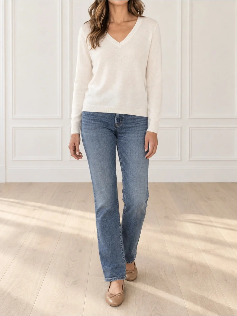 Nordstrom 100% Cashmere Sweater Large Ivory White V Neck Lightweight Pullover
